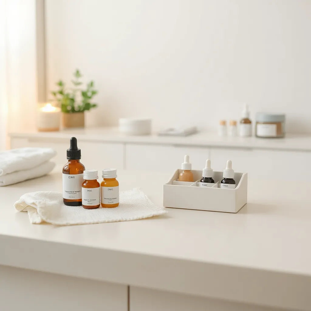 Minimal düzenli bakım kitinde farklı serum ve nemlendiriciler, özelleştirme için bölmeli organizer