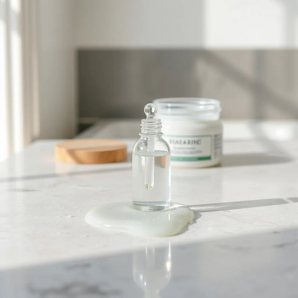 Hyaluronik asit içeren serum damlalığı ve nemlendirici jel dokusu, sade bir ortamda