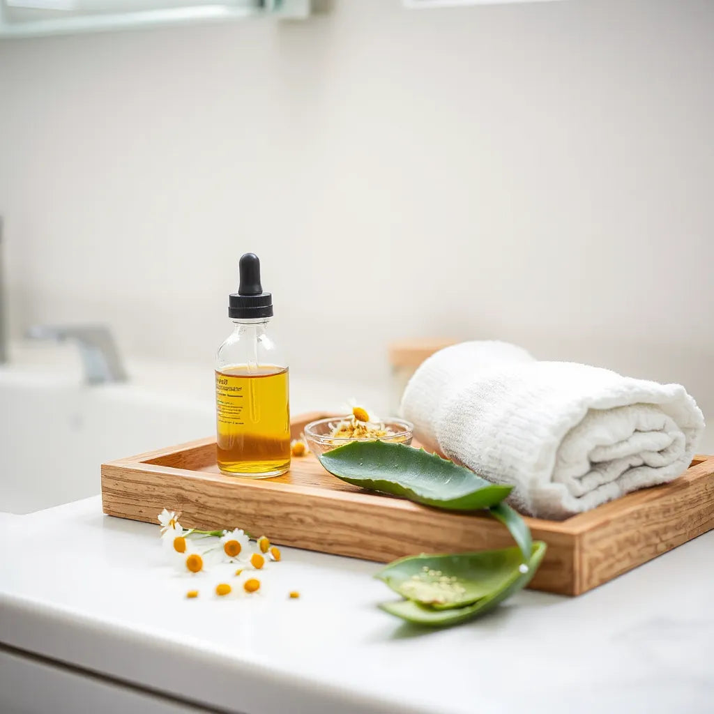 Herbal yüz bakım yağı şişesi, bitkisel içerikler ve aloe yaprağı içeren sade bir makyaj masası düzeni