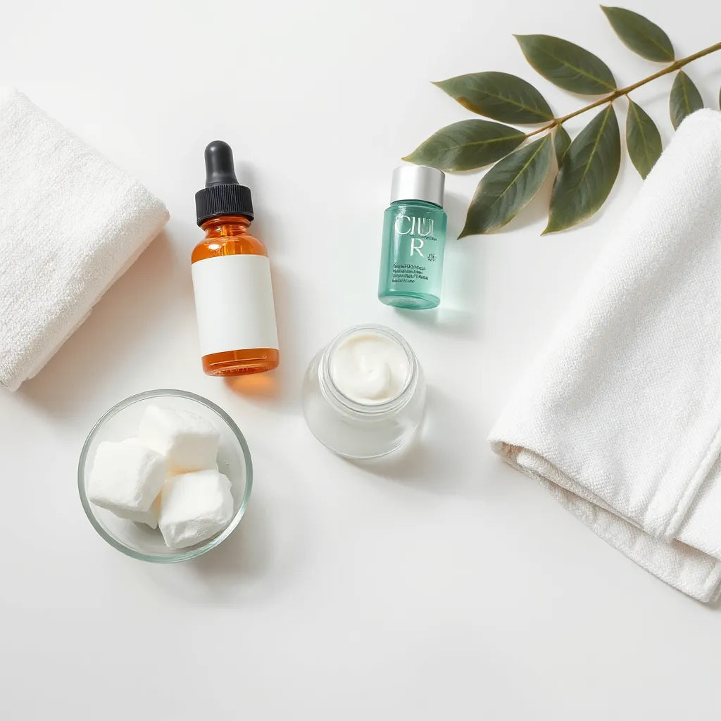 Serum damlalıklı şişe, nemlendirici kavanoz ve temizleyici şişelerinin minimal cilt bakım görünümü